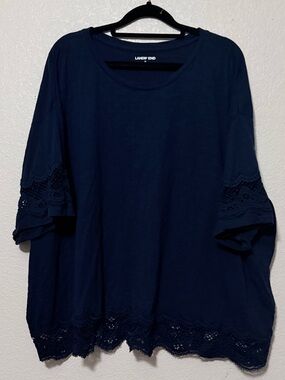 Lands' End Navy Scoop Neck Top with Crochet Trim